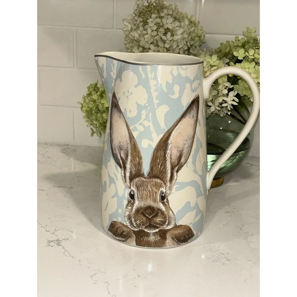 EUC Williams Sonoma Damask Easter Bunny Pitcher Blue Retired 85 Oz